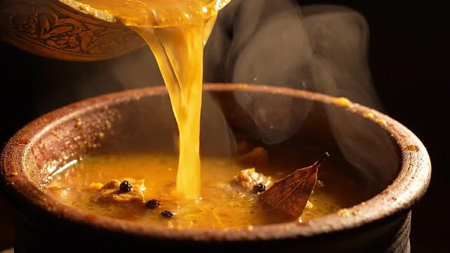 Thick golden paya bone broth pouring from brass ladle into clay bowl macro video