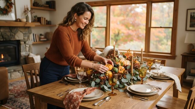 A smiling woman decorating a beautiful wooden dining table with autumn foliage and candles to celebrate a happy thanksgiving holiday dinner with her family home