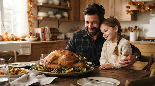 A happy father and his young daughter sitting together at the dining table with a roasted turkey to celebrate a warm and festive happy thanksgiving