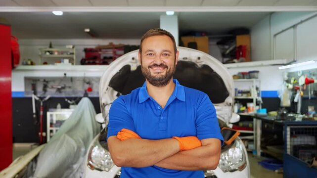 Confident auto mechanic posing in repair shop
