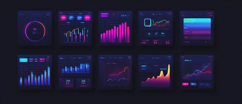 Vibrant data visualizations and analytics screens.
