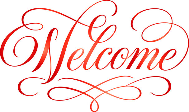 Elegant red welcome script lettering with flourish decorations.