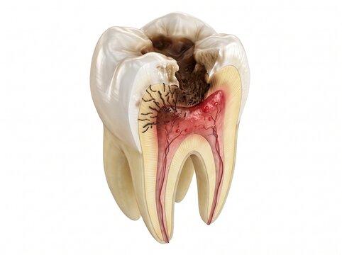 A medical visualization showing human teeth with advanced dental caries (cavities), featuring a detailed cross-sectional view that includes enamel erosion, dentin decay, bacterial invasion.