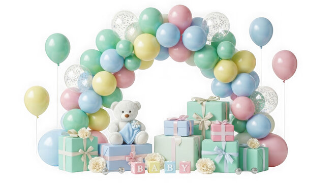 Colorful birthday party balloon arch with gifts and teddy bear. Festive celebration decoration set for kids event with pastel confetti and presents.