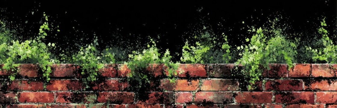 Brick wall with lush green plants against a dark background decorative border