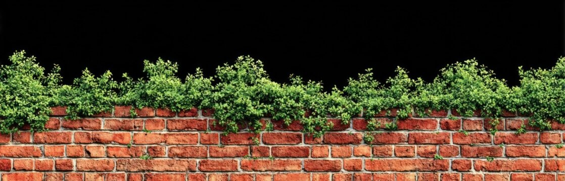 Brick wall with lush green plants growing across the top against a black background