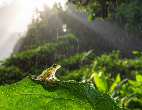 Macro shot of a rare glass frog with transparent skin showing internal organs and heart, sitting on a vibrant green wet leaf with raindrops in a lush tropical rainforest background.