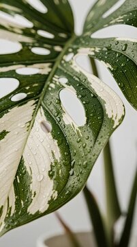 Variegated Monstera Deliciosa Albo leaf featuring water droplets and natural fenestrations with macro detail