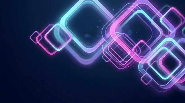 Glowing neon squares arranged in dynamic patterns across a deep dark blue background create a futuristic visual style with vibrant pink and cyan light effects