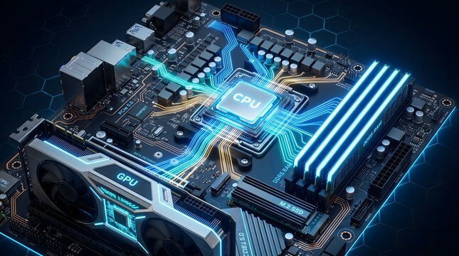 High Tech Computer Motherboard with Glowing CPU GPU and DDR5 RAM Modules