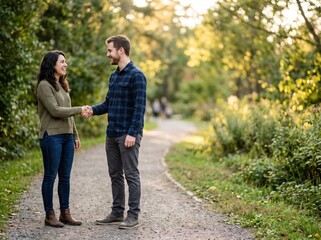 Fototapeta premium Smiling Man and Woman Shaking Hands on a Nature Trail with Copy Space
