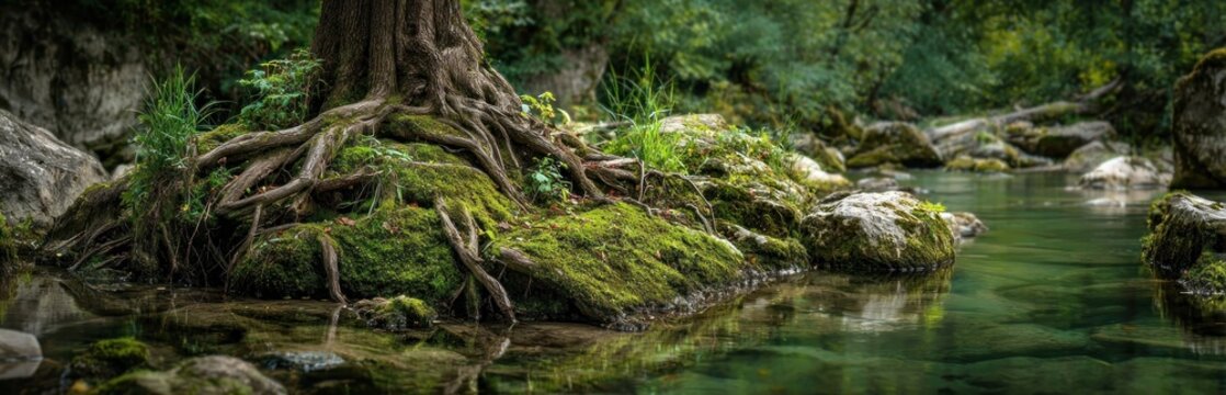 Tranquil river scene showcasing tree roots moss covered rocks and flowing water