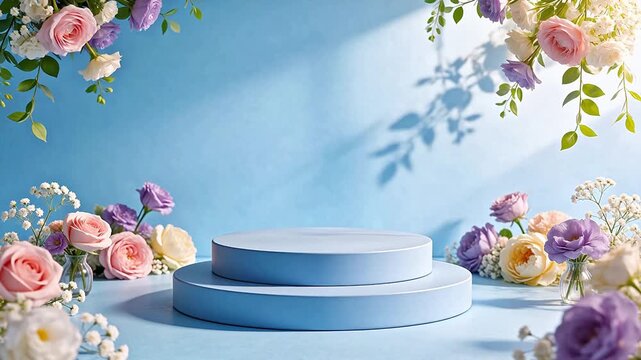 Blue podium with floral arrangement