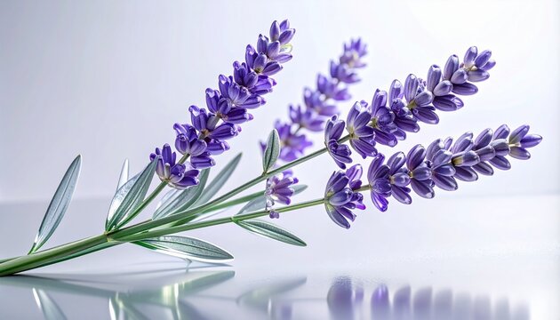 Lavender sprigs on a glossy reflective white surface