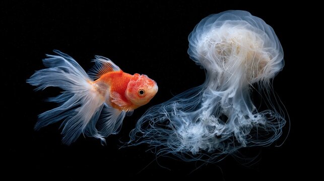 Close-up shot of vibrant orange goldfish with flowing fins swimming beside translucent jellyfish with long delicate tentacles on black background