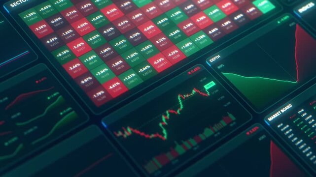 Trading terminal interface with a cryptocurrency candlestick charts, market board quotes and heatmap panels. Close up of a crypto and stock exchange dashboard with green and red price data
