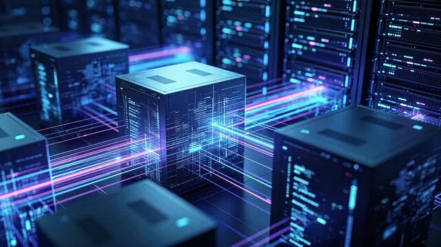 Futuristic Data Center with High-Speed Digital Network and Glowing Data Streams