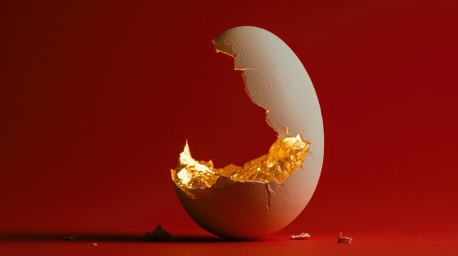 Cracked white egg shell with golden interior against vibrant red background representing creativity and luxury concept in minimalistic style