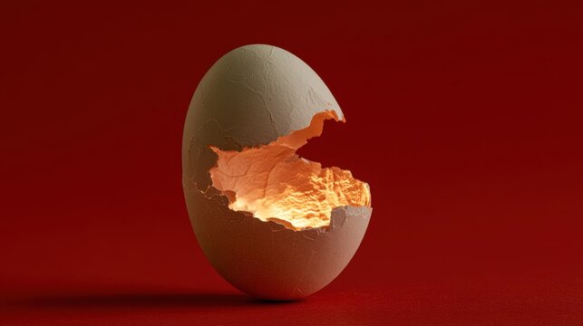 cracked egg with glowing fiery light emitting through broken shell on red background close up surreal conceptual image symbolizing birth and new energy