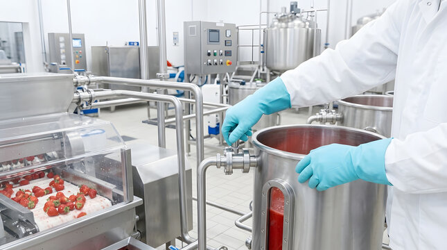 Food Processing Worker Adjusting Valve on Stainless Steel Tank with Fresh Strawberries on Conveyor