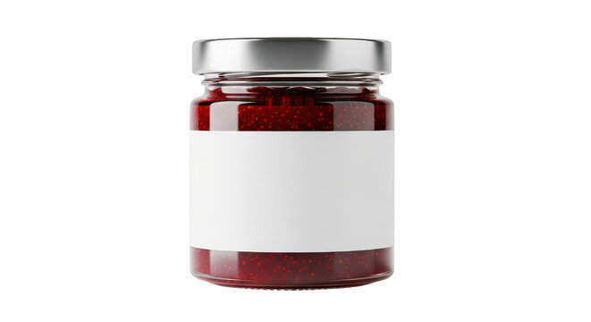 Glass jar of red berry jam with a blank label isolated on transparent background