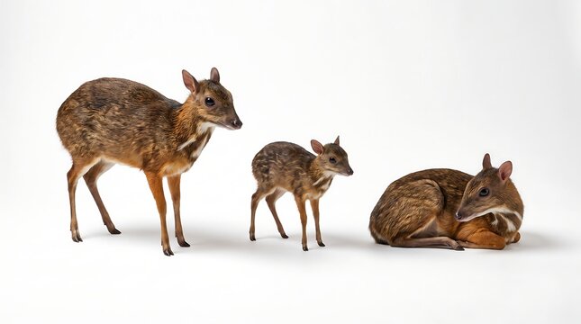 A family of small mouse deer standing and resting together on a white background.
