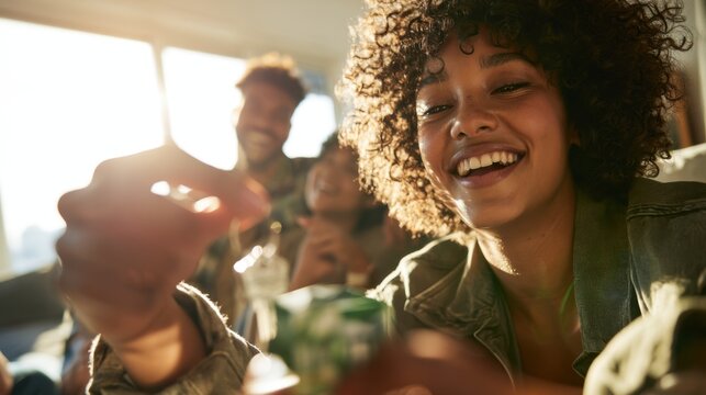 Smiling young woman enjoying beverage with friends at a social gathering in bright cozy indoor setting with joyful atmosphere and natural sunlight