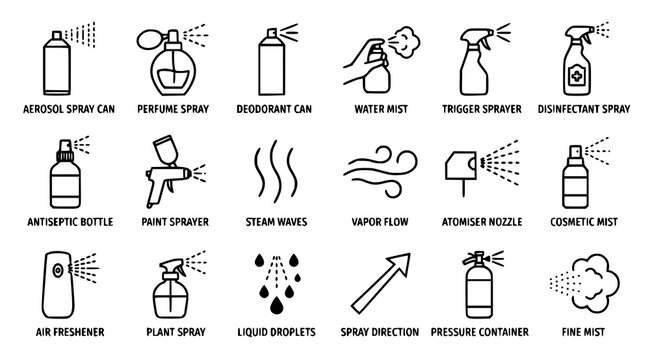 Spray steam and aerosol icon collection with perfume water sanitizer editable black thin line vector illustration