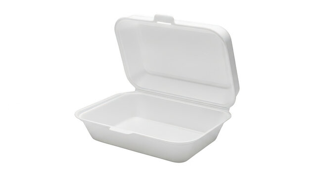 Open empty white styrofoam food container box isolated on transparent background