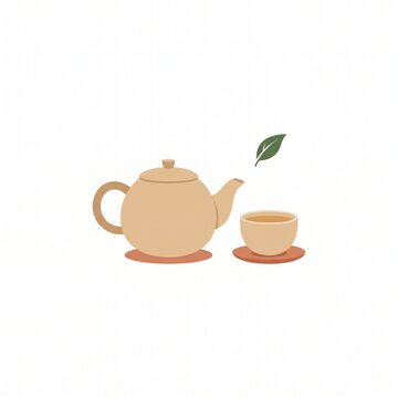 Minimalist illustration of a beige ceramic teapot with a small tea cup and fresh green leaf.