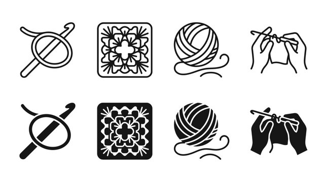 Set of crafting icons showing yarn balls crochet hooks granny squares and hands working with knitting tools, knitting