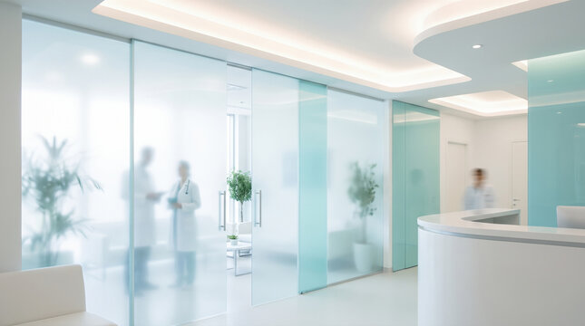 Defocused medical clinic interior featuring healthcare professionals walking through bright white reception area presenting clean modern hospital hallway environment