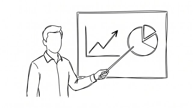 A business professional presenting financial growth data on a whiteboard with a pointer