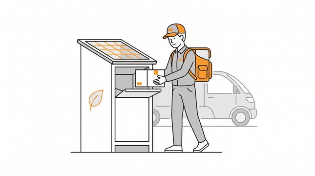 A courier delivers a package to an automated solar powered parcel locker station for sustainable urban logistics