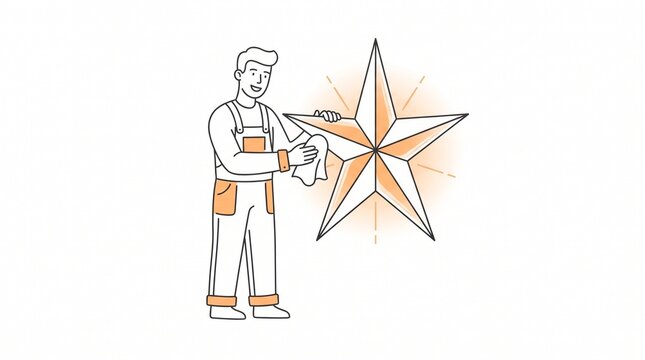 A happy worker cleaning a shiny star with a cloth in a minimalist outline style illustration