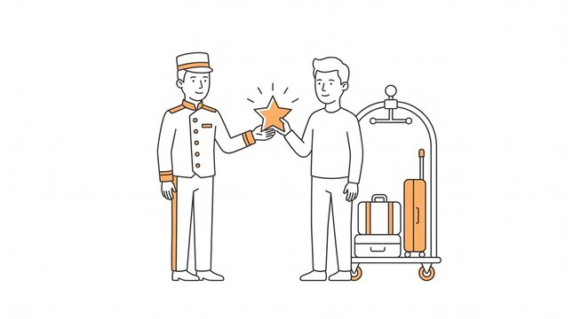 Hotel concierge receiving a five star rating from a guest with luggage cart in minimalist line art style
