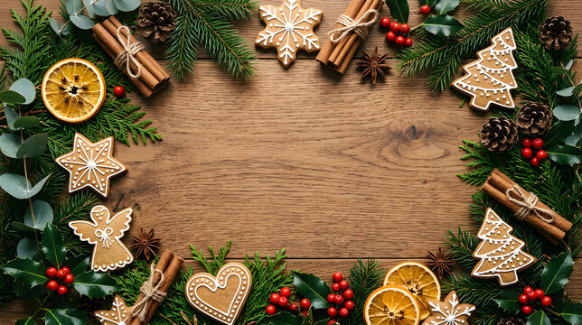 Hand-painted gingerbread cookies, cinnamon sticks, dried oranges and festive greenery arranged along the borders, clean center.