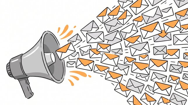 Megaphone broadcasting a swarm of digital mail envelopes representing mass communication and email marketing