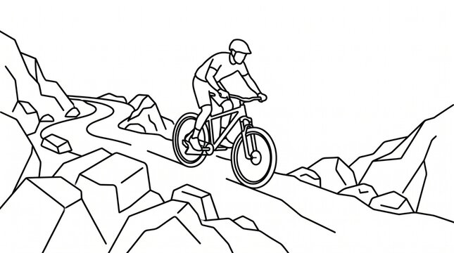 Mountain bike rider navigating a rocky trail on a steep mountain path in a linear art style