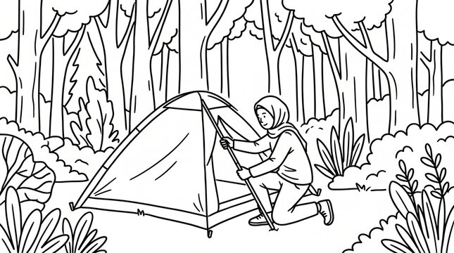Muslim woman in hijab setting up a camping tent in a forest during a outdoor adventure trip