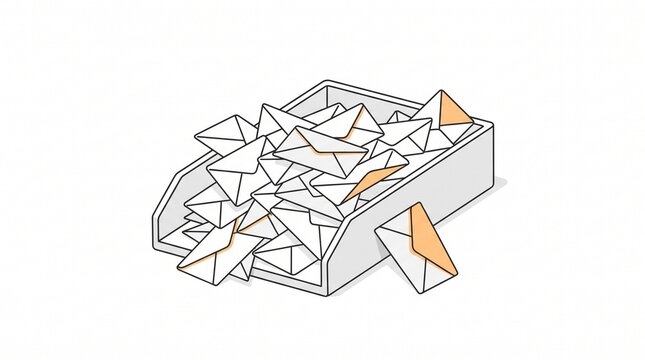 Overflowing desk tray filled with many paper envelopes representing busy correspondence and postal communication
