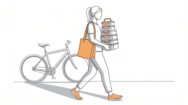 Woman carrying stack of meal prep containers near bicycle in minimalist line art style