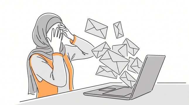 Stressed professional woman in hijab covering face while overwhelmed by excessive incoming digital messages on laptop
