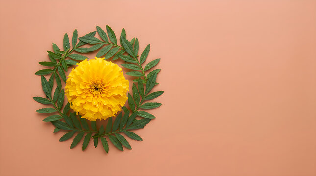 Top view of a marigold flower with green leaves arranged for durga puja festival celebration on pink background