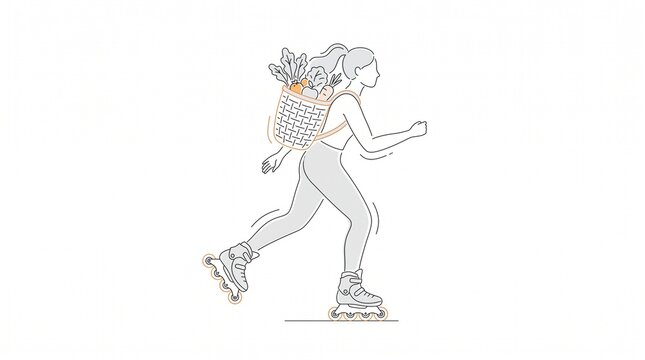 Woman roller skating with a basket of fresh organic vegetables on her back representing healthy lifestyle and eco friendly transport