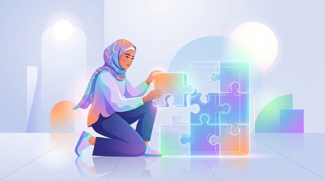 Young woman in hijab solving glowing puzzle as metaphor for business strategy and problem solving