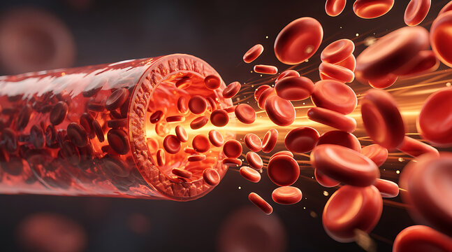 dynamic illustration of blood flow and red blood cells traveling through a vessel in a detailed biological scene emphasizing