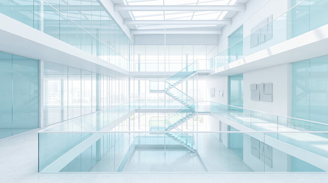 Empty modern corporate corner office featuring smooth concrete floor alongside large glass windows showing wide panoramic urban city skyline during bright sunny daytime