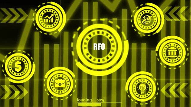 Abstract finance data animation with RFO and business icons on a modern dark background.