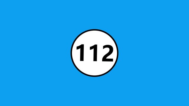 Graphic number one hundred twelve displayed inside circle on vibrant blue motion background.
